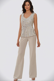 3-Piece Chiffon V-Neck Mother of the Bride Pant Suits with Beading-Pgmdress