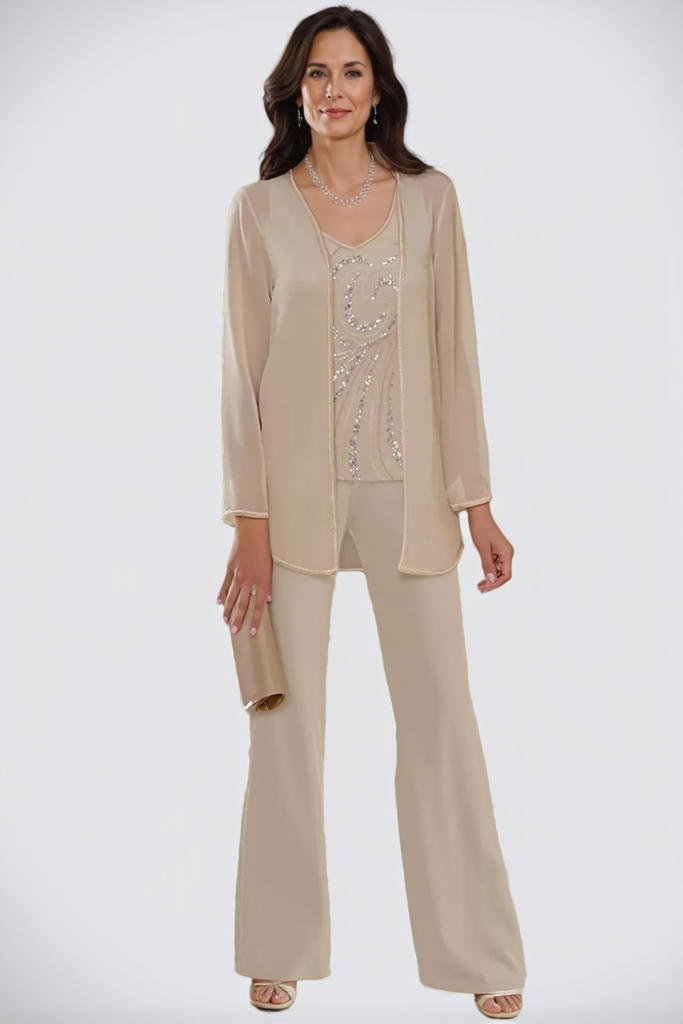 3-Piece Chiffon V-Neck Mother of the Bride Pant Suits with Beading-Pgmdress