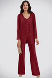 3-Piece Chiffon V-Neck Mother of the Bride Pant Suits with Beading-Pgmdress