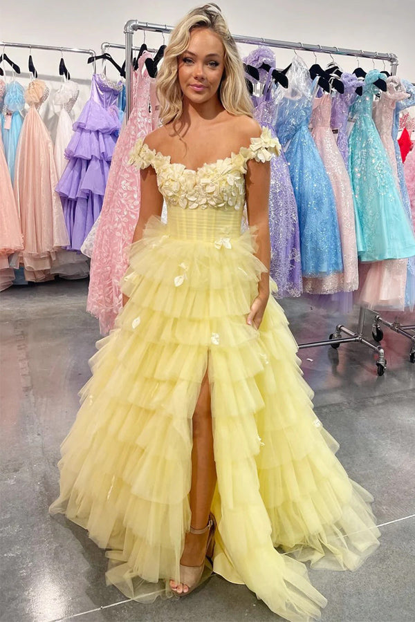 3D Floral Lace Off-the-Shoulder Ruffle Tiered Prom Dress PSK563 Custom Size / Yellow 3D Floral Lace Off-the-Shoulder Ruffle Tiered Prom Dress PSK563 Custom Size / Yellow