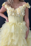 3D Floral Lace Off-the-Shoulder Ruffle Tiered Prom Dress PSK563