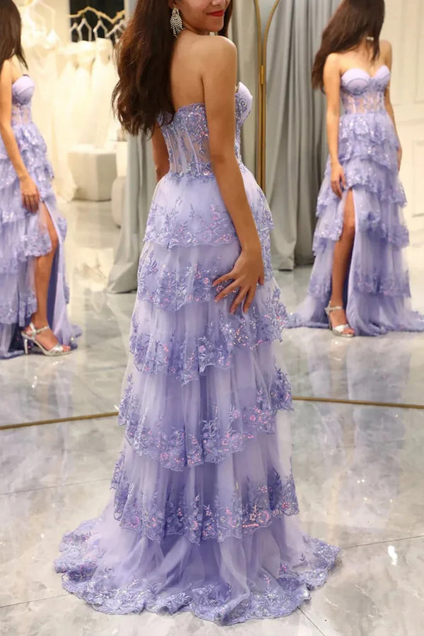 A-Line Appliques Sweetheart Layered Lilac Prom Dress with Slit PSK643-Pgmdress