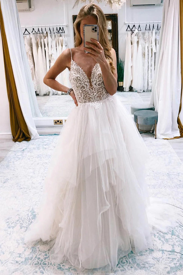 knee length dresses for ladies Gorgeous Applique Detail Backless Lace Up Slip Wedding Dress White / XL main image 0
