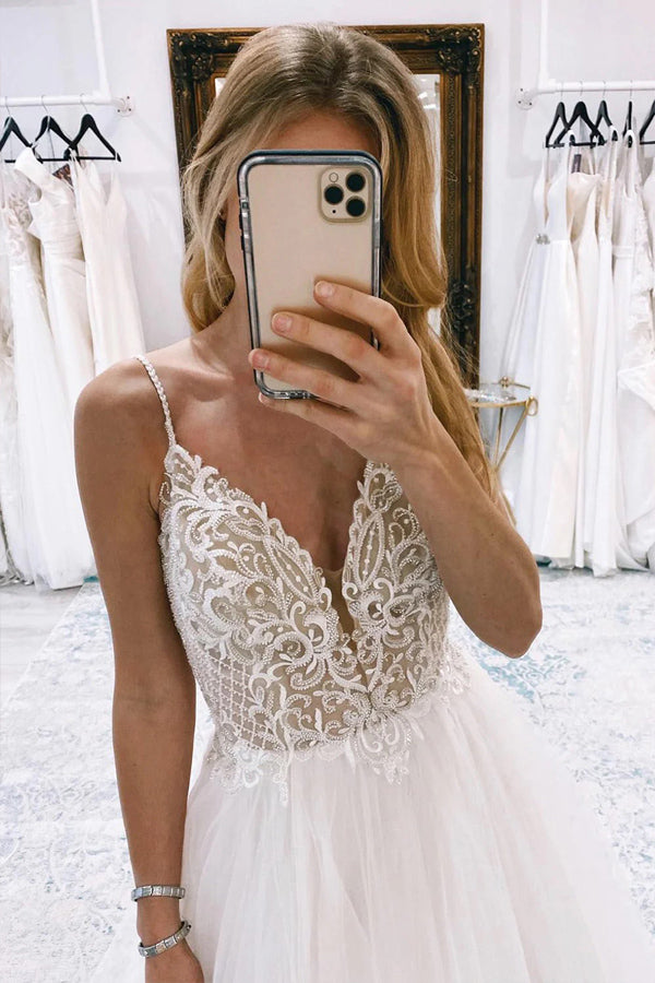 A-Line Backless Ivory Tulle Long Wedding Dress with Lace WD764-Pgmdress