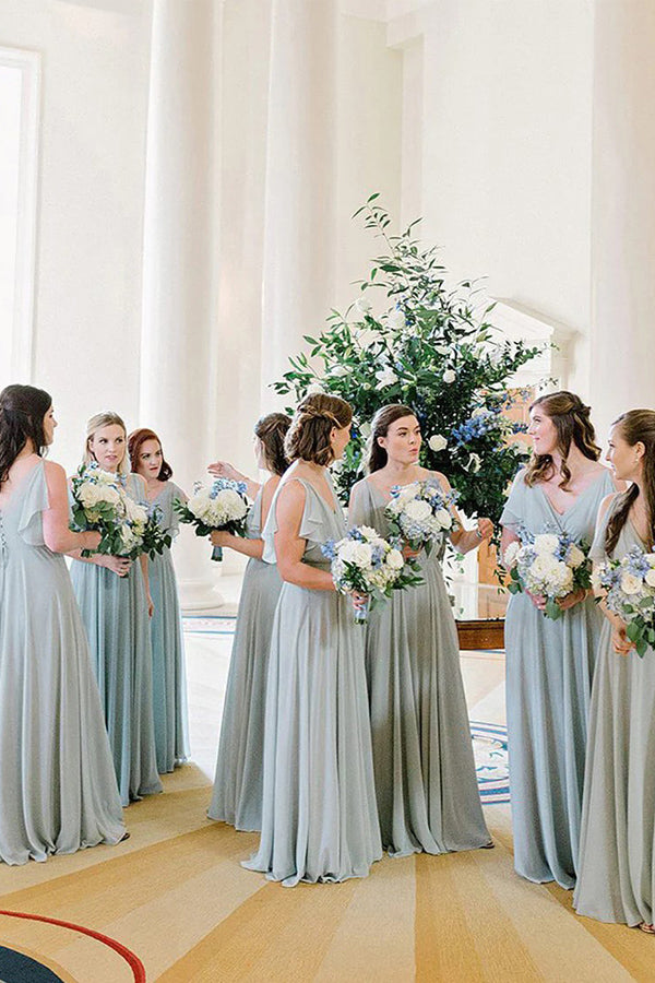 A-Line Floor Length Light Blue Long Bridesmaid Dress With Ruffles BD116 US10 / Custom Color A-Line Floor Length Light Blue Long Bridesmaid Dress With Ruffles BD116 US10 / Custom Color