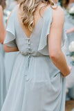 A-Line Floor Length Light Blue Long Bridesmaid Dress With Ruffles BD116-Pgmdress