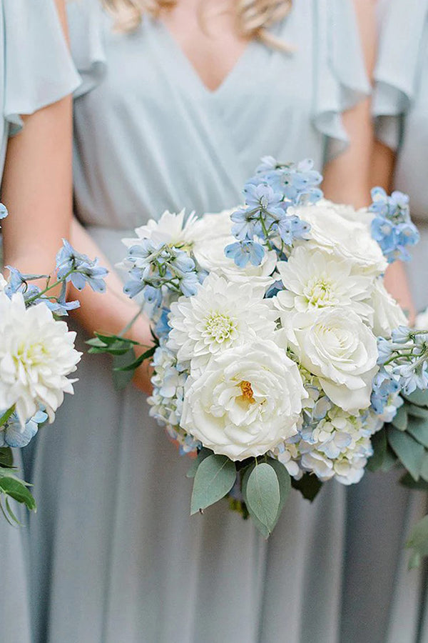 A-Line Floor Length Light Blue Long Bridesmaid Dress With Ruffles BD116-Pgmdress