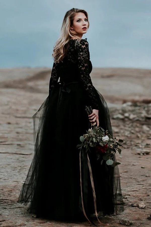 A-Line Lace Appliqued Black Wedding Dress Boho Bridal Gown WD744-Pgmdress