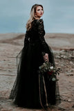 A-Line Lace Appliqued Black Wedding Dress Boho Bridal Gown WD744-Pgmdress