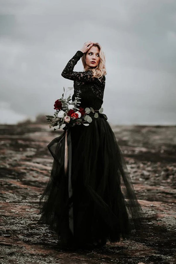 A-Line Lace Appliqued Black Wedding Dress Boho Bridal Gown WD744-Pgmdress