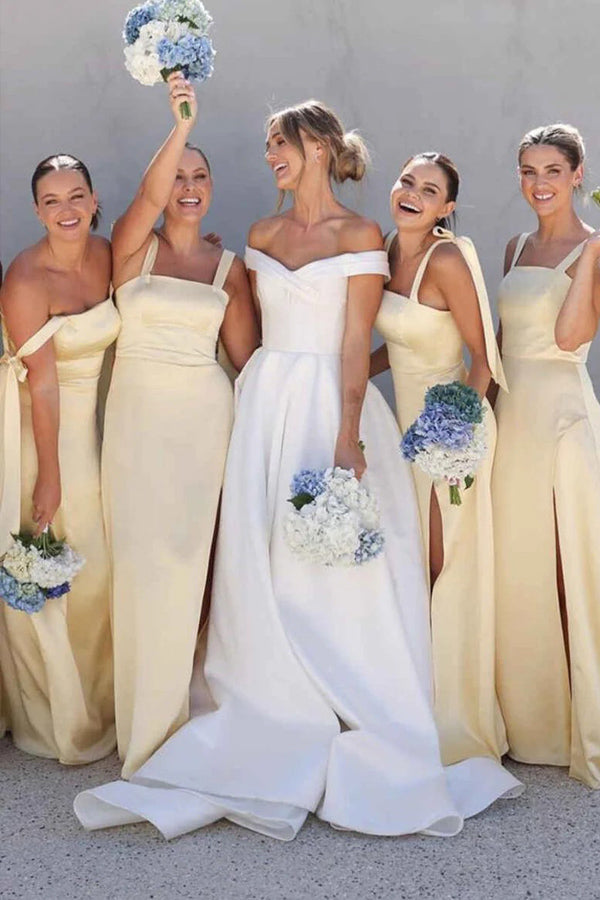 A-Line Light Yellow Scoop Neck Bridesmaid Dress with Slit BD124-Pgmdress