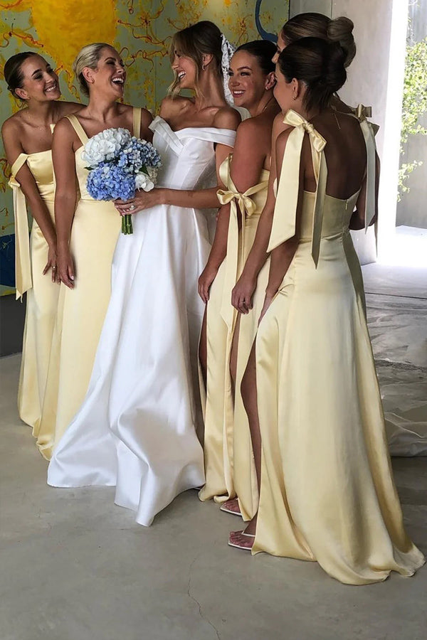 A-Line Light Yellow Scoop Neck Bridesmaid Dress with Slit BD124-Pgmdress
