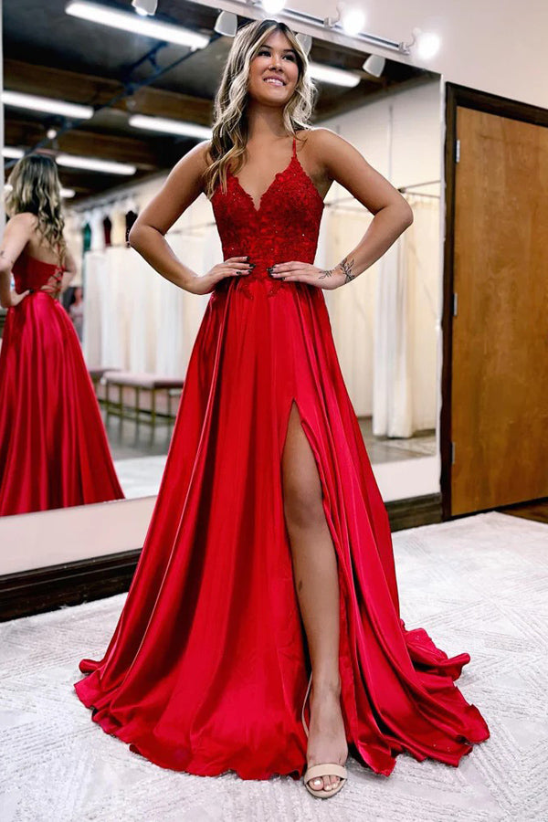 A-Line Long Satin Dark Green Prom Dress with Split PSK406 US8 / Red