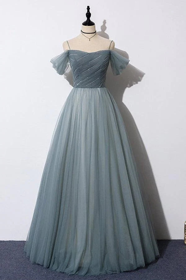 A-Line Off The Shoulder Grey Tulle Prom Dress Evening Dress PSK539-Pgmdress