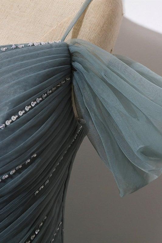 A-Line Off The Shoulder Grey Tulle Prom Dress Evening Dress PSK539-Pgmdress
