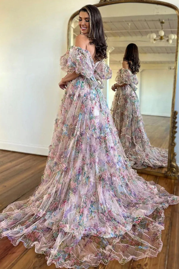 A-Line Off The Shoulder Sweetheart Floral Long Prom Dress PSK618-Pgmdress