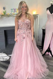 A-Line One Shoulder Appliques Tulle Pink Long Prom Dress PSK584
