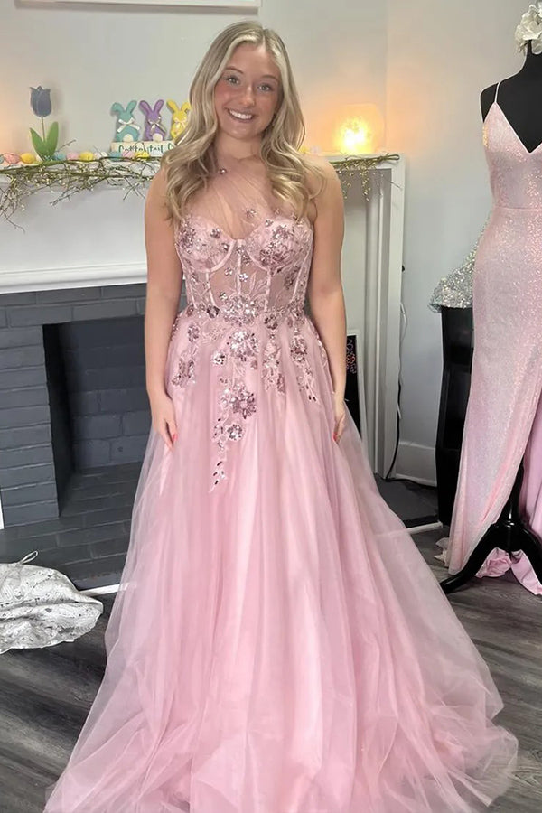 A-Line One Shoulder Appliques Tulle Pink Long Prom Dress PSK584 Pgmdress A-Line One Shoulder Appliques Tulle Pink Long Prom Dress PSK584 Pgmdress