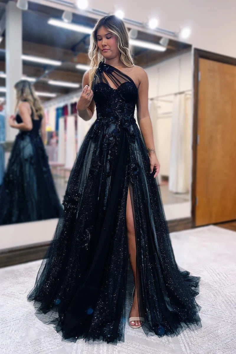 A-Line One Shoulder Black Long Prom Dress With 3D Appliques PSK444-Pgmdress