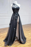 A-Line One Shoulder Black Long Prom Dress With 3D Appliques PSK444-Pgmdress