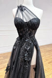 A-Line One Shoulder Black Long Prom Dress With 3D Appliques PSK444-Pgmdress