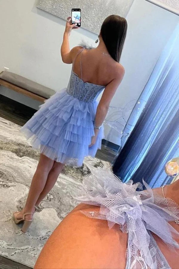 A-Line One Shoulder Lace Layered Lavender Homecoming Dress PD516-Pgmdress
