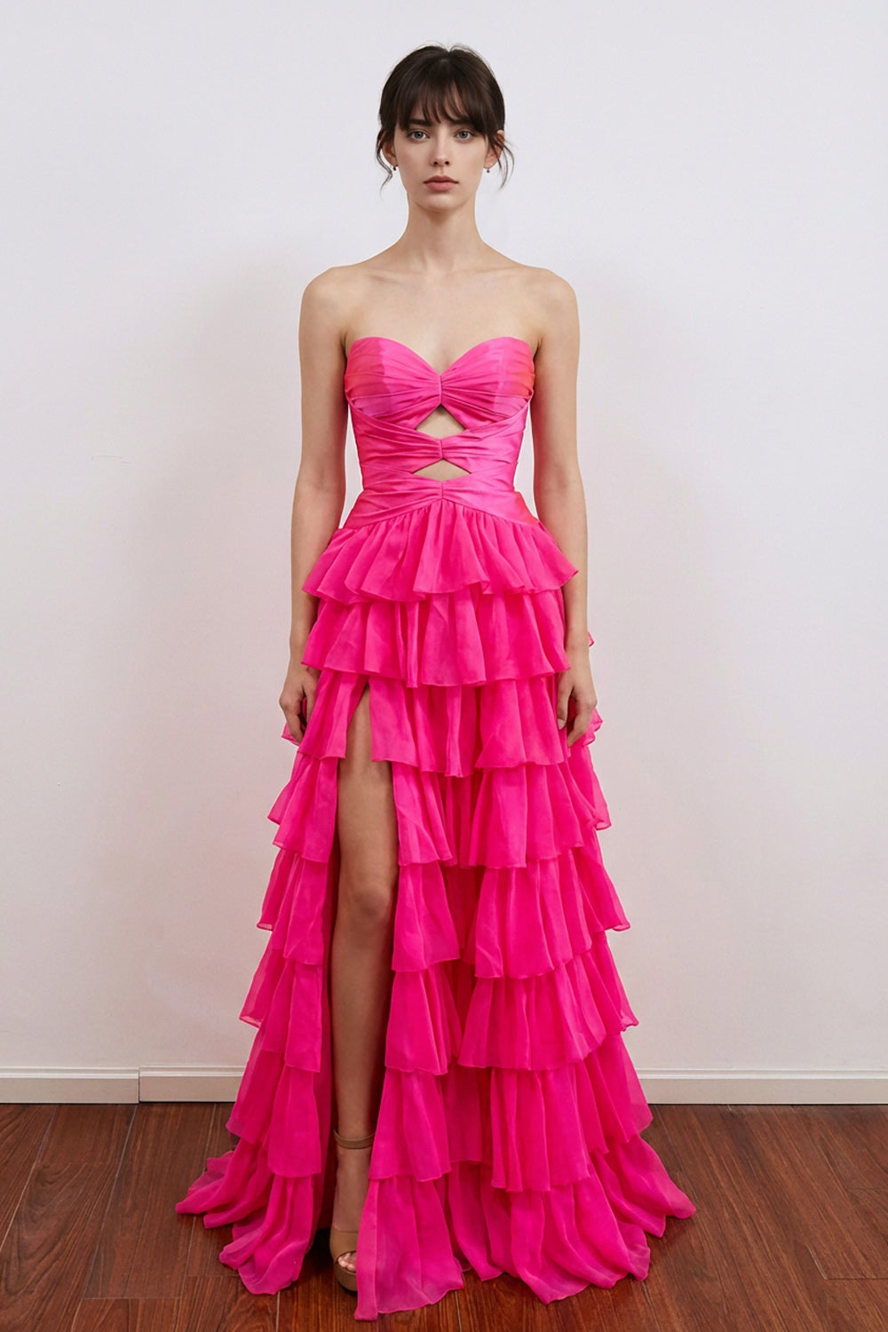 A-Line Pleated Keyhole Ruffle Hot Pink Prom Dress with Split US14 / Custom Color