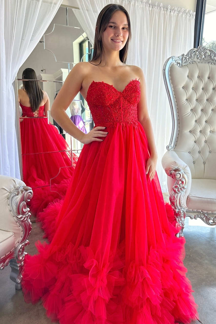 A-Line Red Sweetheart Corset Ruffle Prom Dress Formal Gown PSK493 US0 / Red