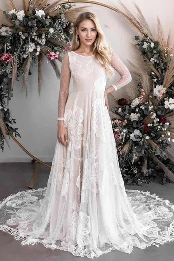 A-Line Round Neck Lace Long Sleeves Rustic Wedding Dress WD789-Pgmdress