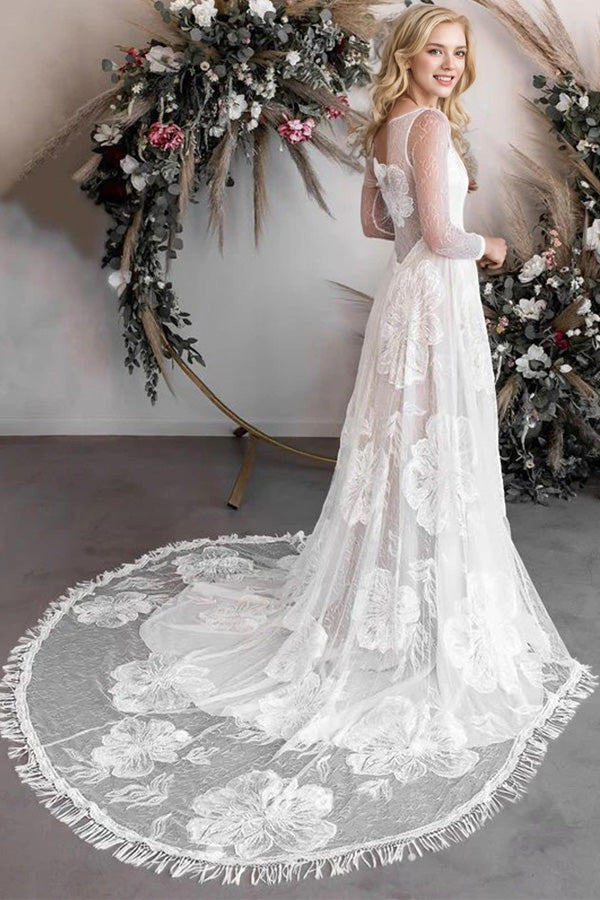 A-Line Round Neck Lace Long Sleeves Rustic Wedding Dress WD789-Pgmdress