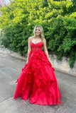 A-Line Satin Pretty Red Prom Dress Party Dress with Flowers PSK713-Pgmdress