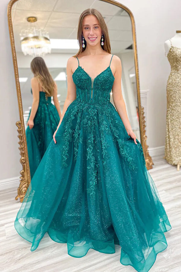 Robe de bal longue vert émeraude à bretelles spaghetti et coupe trapèze PSK626