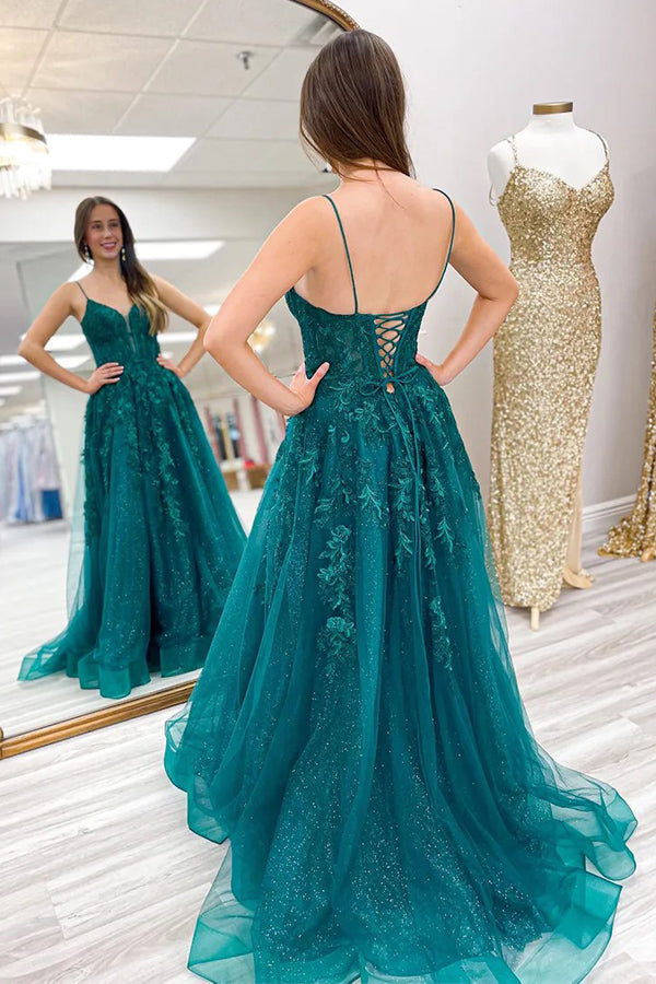 Robe de bal longue vert émeraude à bretelles spaghetti et coupe trapèze PSK626
