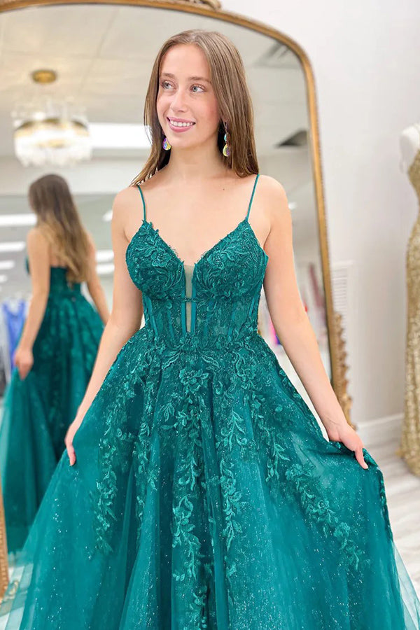 A-Linie Spaghettiträger Korsett Smaragdgrün Langes Ballkleid PSK626