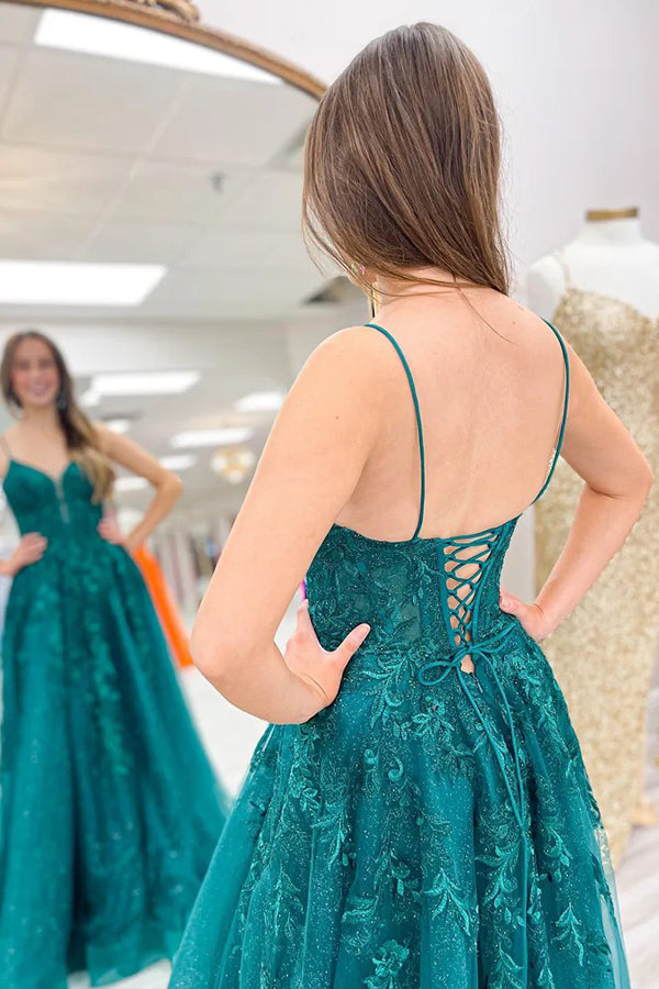 A-Linie Spaghettiträger Korsett Smaragdgrün Langes Ballkleid PSK626