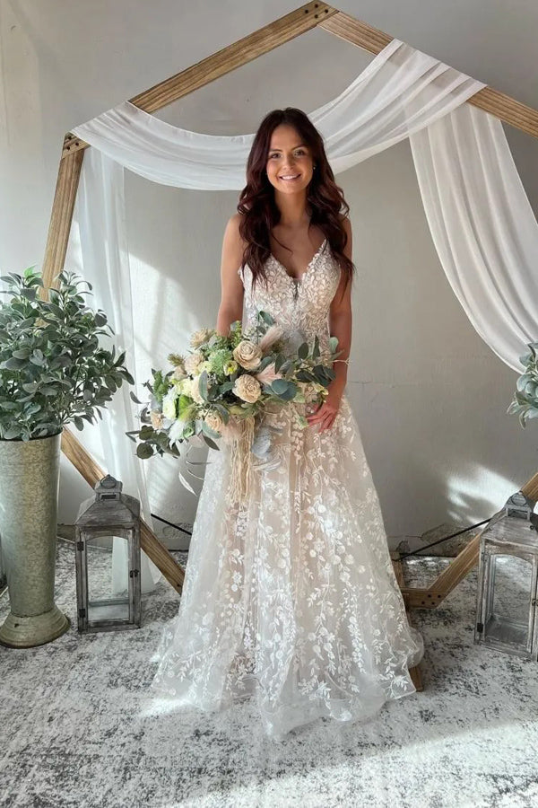 A-Line Spaghetti Straps Key Hole Back Elegant Wedding Dress WD731-Pgmdress