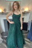 A-Line Spaghetti Straps Tulle Dark Green Long Prom Dress PSK586-Pgmdress
