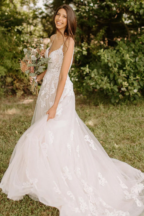 A-Line Spaghetti Straps Tulle Rustic Wedding Dress With Appliques  WD656-Pgmdress
