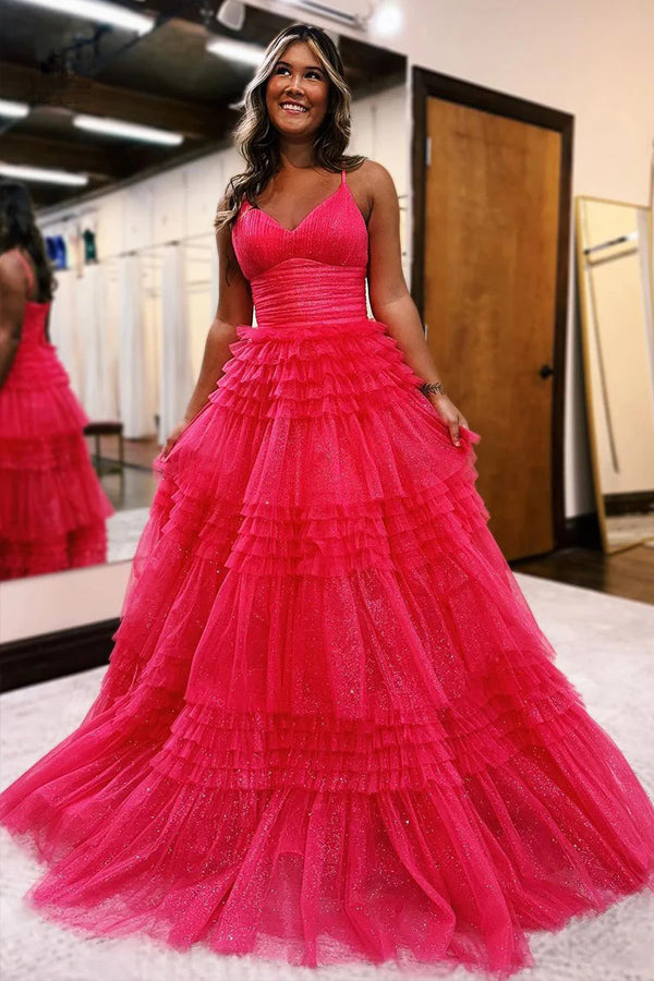 A-Line Spagnetti Straps V-Neck Tiered Tulle Long Prom Dress PSK528 US12 / Pink A-Line Spagnetti Straps V-Neck Tiered Tulle Long Prom Dress PSK528 US12 / Pink