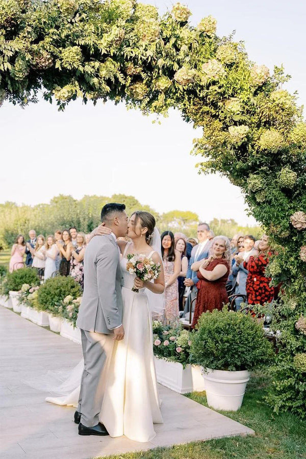modest minimalist wedding dress Chic Satin a line wedding dress with Halter Neck and Hi-Low Hemline