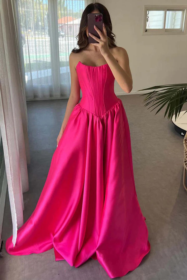 A-Line Strapless Crew Neck Corset Satin Hot Pink Prom Dress PSK671 US18 / Hot Pink A-Line Strapless Crew Neck Corset Satin Hot Pink Prom Dress PSK671 US18 / Hot Pink
