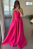 Robe de bal trapèze bustier en satin rose vif à col ras du cou et corset PSK671