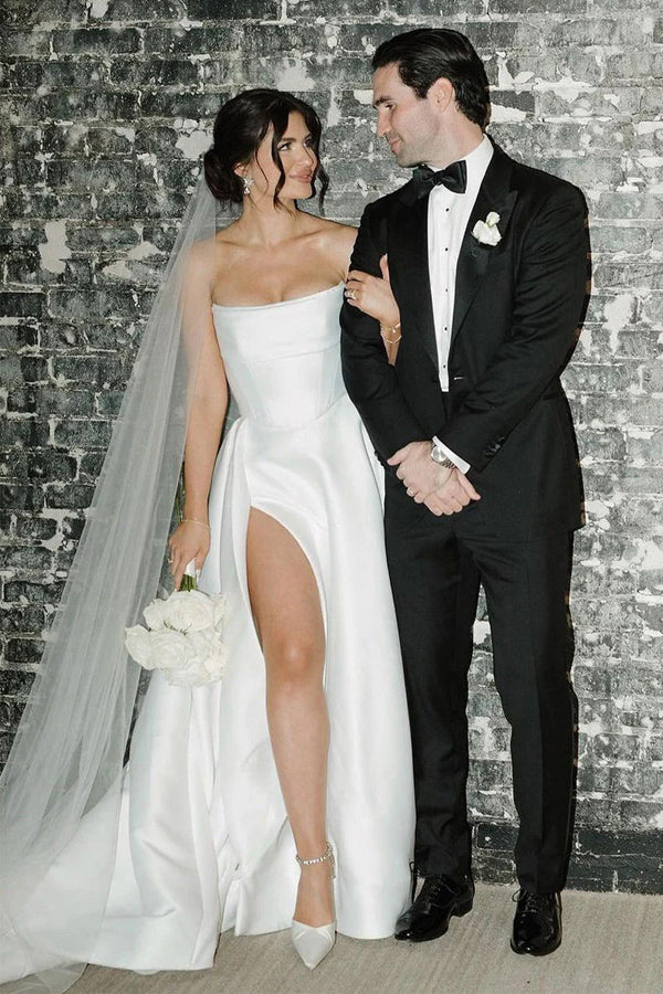 A-Line Strapless Simple White Satin Wedding Dress with Slit WD768 US4 / Custom Color A-Line Strapless Simple White Satin Wedding Dress with Slit WD768 US4 / Custom Color