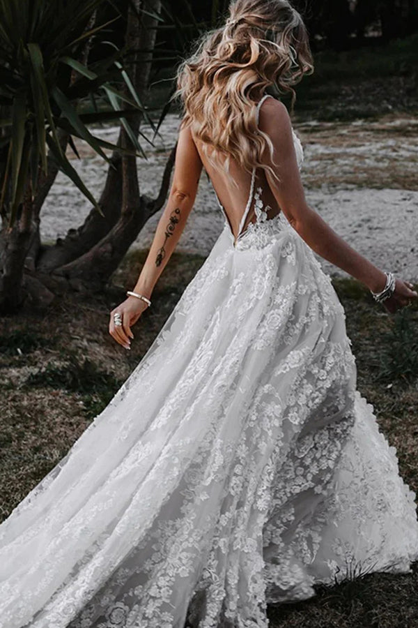 A-Line Straps Lace Beach Wedding Dress Boho Bridal Gown With Split WD657-Pgmdress