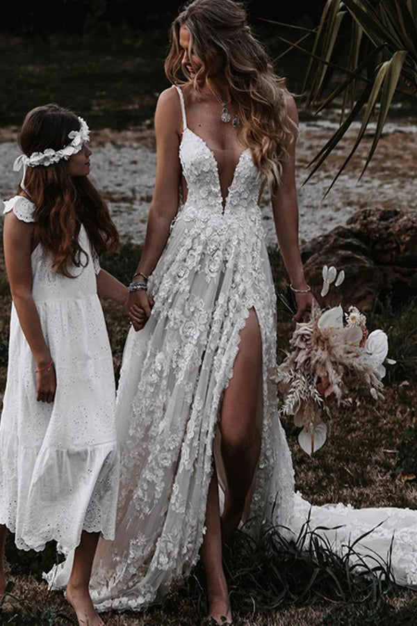 Robe de mariée en dentelle florale sans bretelles A Line Boho Ivoire avec nœud  papillon en satin – Pgmdress