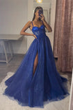 Robe de bal longue en tulle et dentelle bleu roi à col en cœur et coupe A PSK491