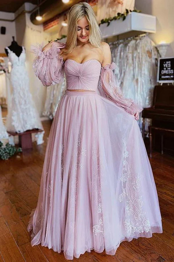 A-Line Two-Piece Dusty Pink Prom Dress with Sleeves PSK508 US10 / Custom Color A-Line Two-Piece Dusty Pink Prom Dress with Sleeves PSK508 US10 / Custom Color