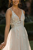 A-Line V-Neck Lace Appliques Beach Wedding Dress Boho Bridal Gown-Pgmdress