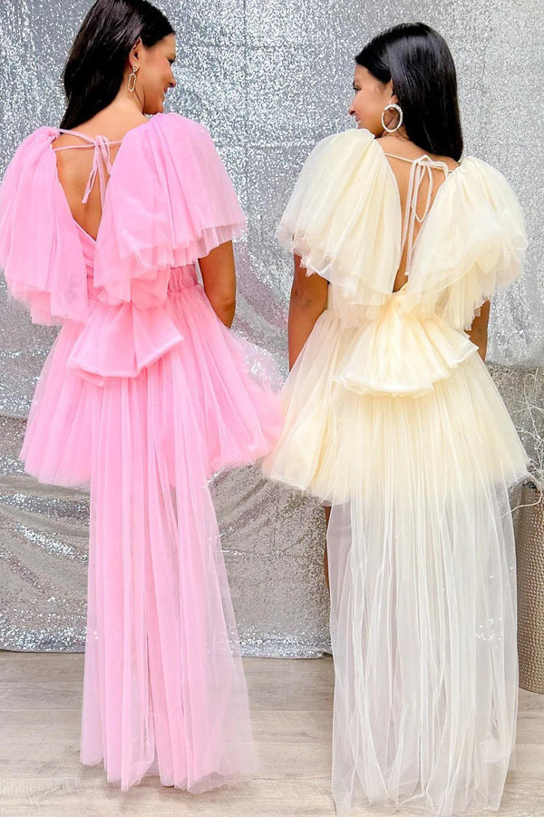 homecoming dresses huntington wv A-Line V Neck Pink Homecoming Dress With Flutter Sleeves – Pgmdress