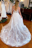 A-Line V Neck Spaghetti Straps Long Ivory Wedding Dress WD780-Pgmdress